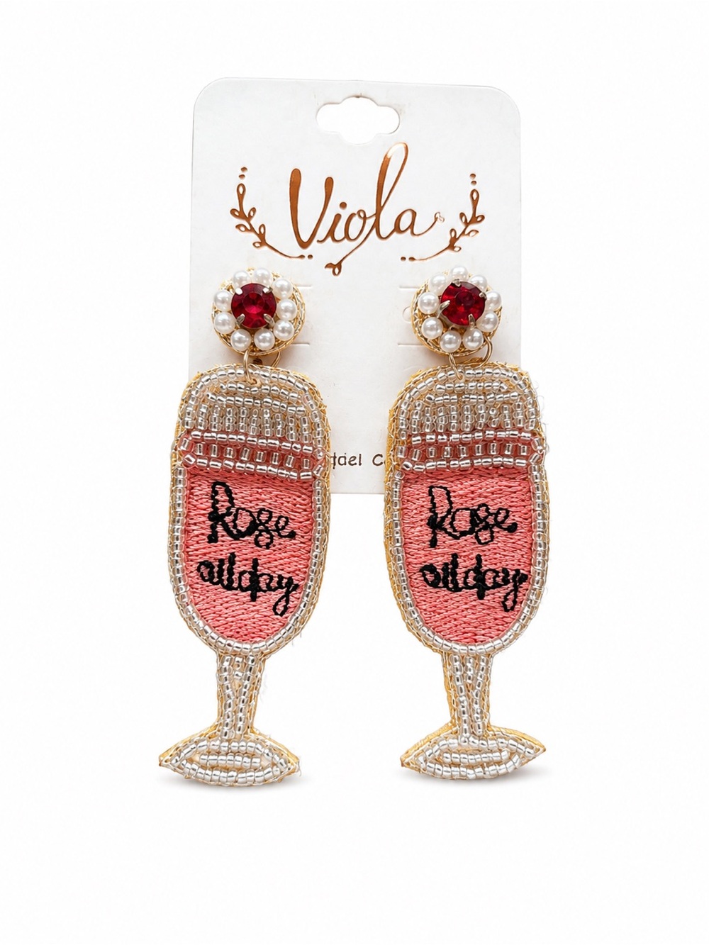 Viola Rosé All Day Champagne Glass Beaded Statement Earrings Pink Cocktail Party